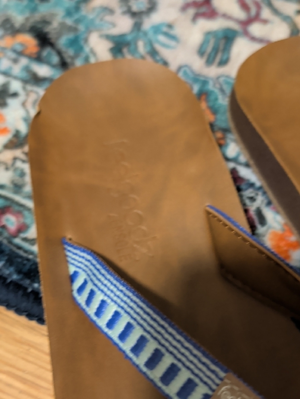 9. Feelgoodz Brown Leather Flip Flops with Blue Patterned Straps - Picture 2 of 8